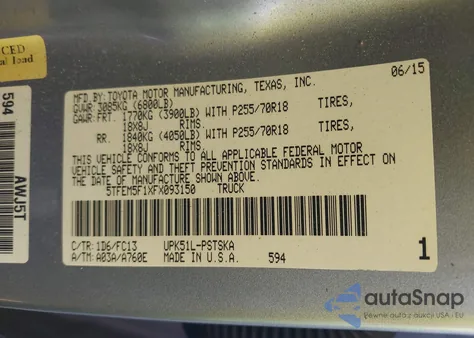 2015 Toyota Tundra Sr5 4.6L V8 из США, поврежденный, VIN 5TFEM5F1XFX093150